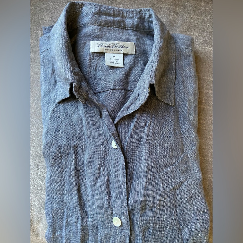 Brooks Brothers Heathered Slate Blue Linen Shirt - Picture 9 of 11